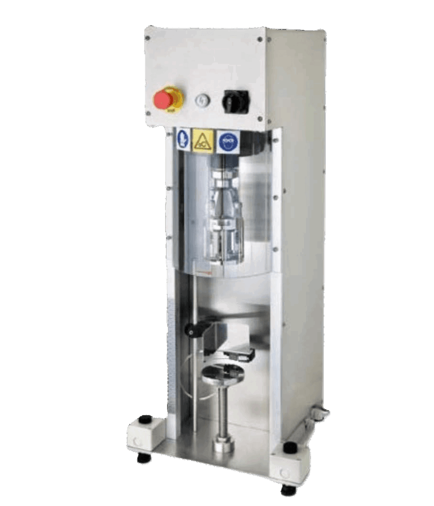 EcoPure Waters semi-automatic capping machine for applying metal tamper evident caps to reusable glass bottles
